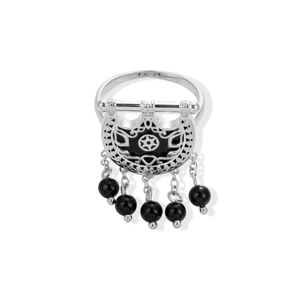 Kahila's Silver Ring with Black Onyx Stone and Drops (KC97)