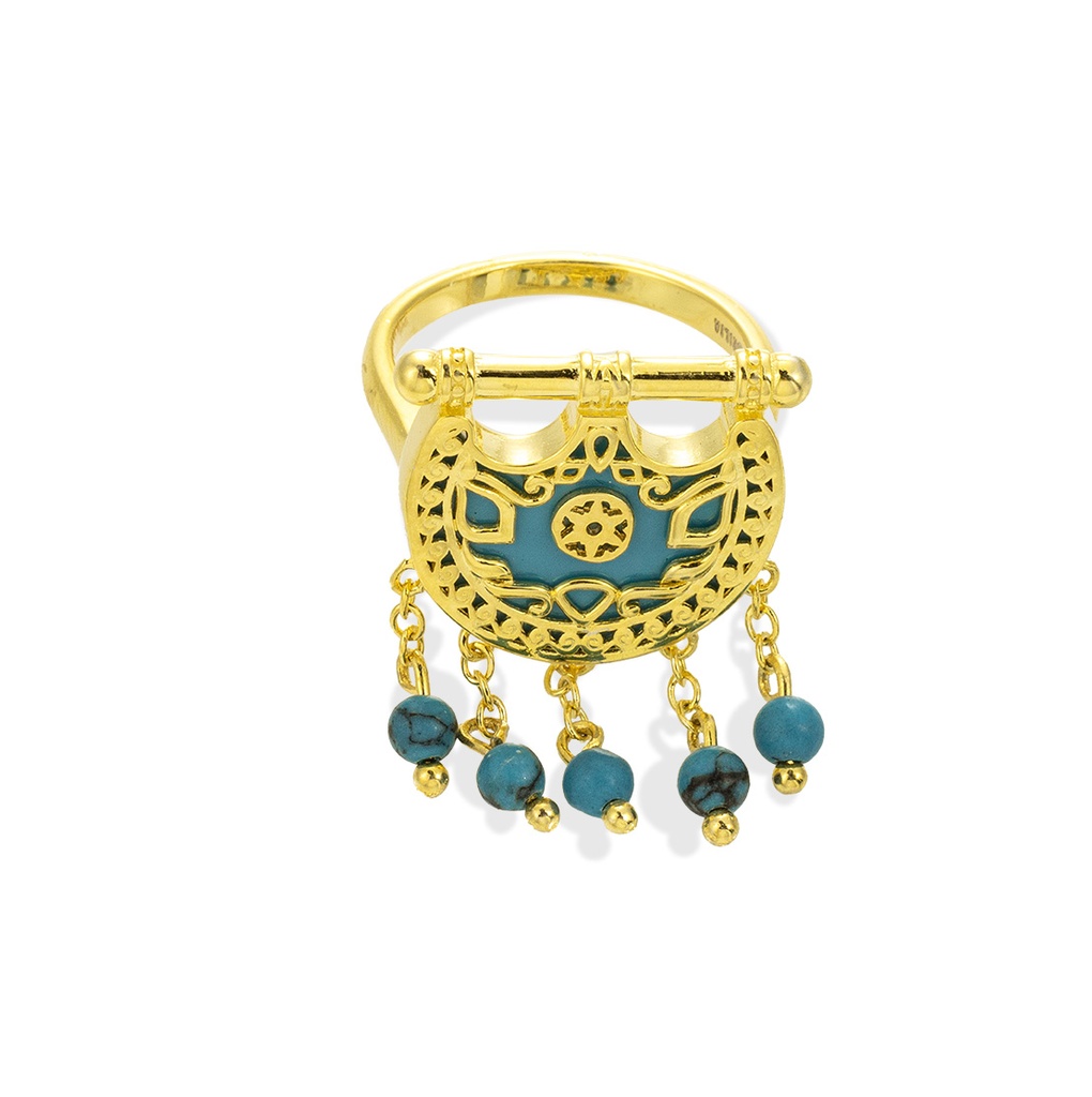 Kahila's Gold Plated- Silver Ring with Turquoise Stone and Drops (KC81)